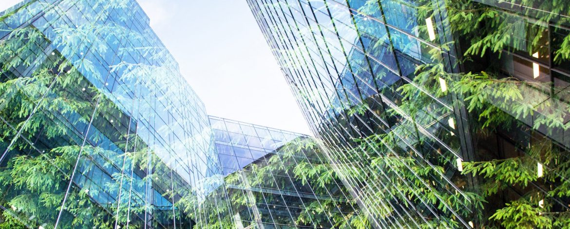 green city - double exposure of lush green forest and modern skyscrapers windows