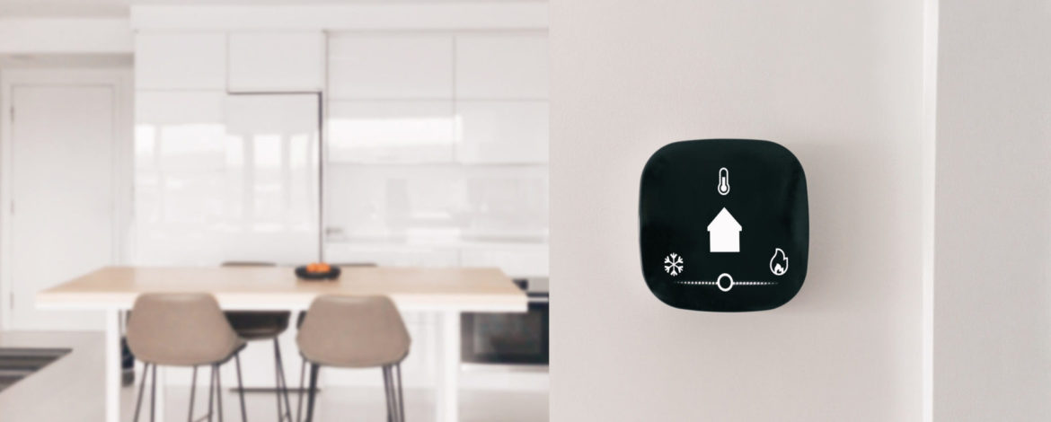 Smart home tech device IoT House automation domotics panoramic banner. Connected thermostat with app icons showing temperature and heat cool adjustment.