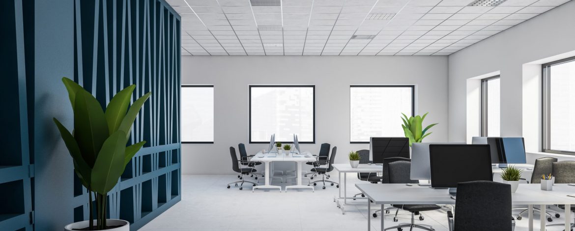 Modern white and blue open space office interior