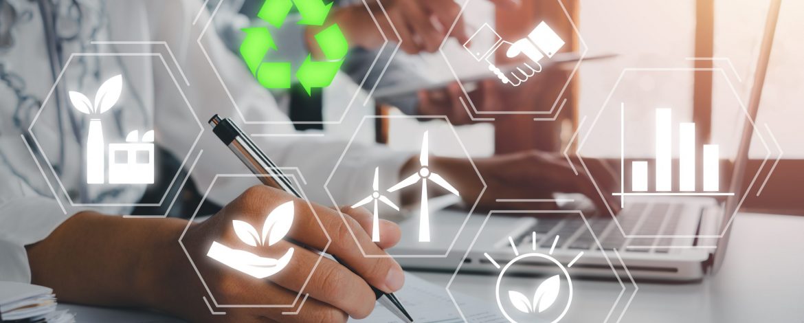 ESG concept of environmental, Green ethical business preserving resources, reducing CO2, Caring for employees, Business person team working on laptop computer with VR screen ESG icon.