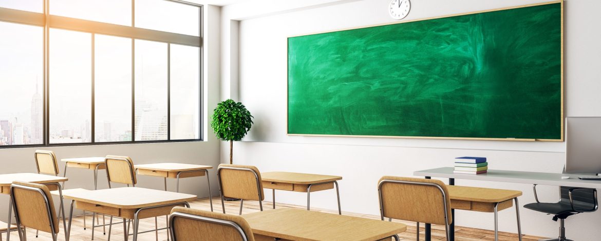 Modern classroom interior with empty chalkboard, furniture and daylight. Education and school concept. Mock up, 3D Rendering