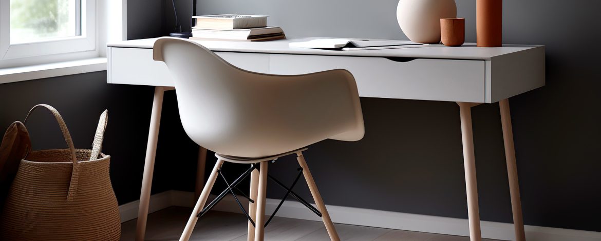 Workplace with white chair at wooden drawer writing desk against of window near dark grey wall Interior design of modern scandinavian home office. Created with generative AI technology.