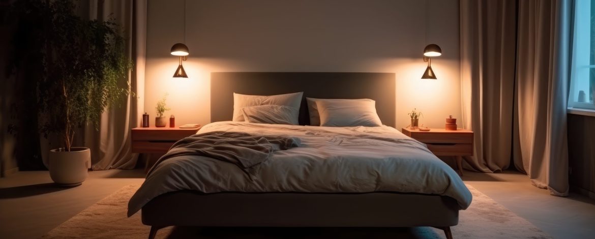 Cozy bedroom interior in a contemporary design. The room is in pastel brown with a large double bed. Double room in hotel AI Generated