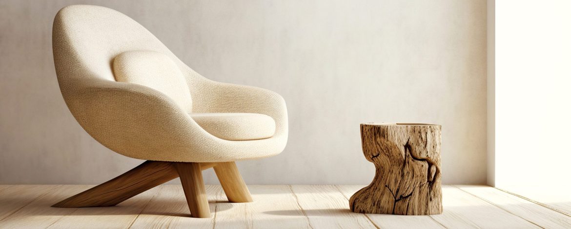 Fabric lounge chair and wood stump side table against beige stucco wall with copy space. Rustic minimalist home interior design of modern living room.