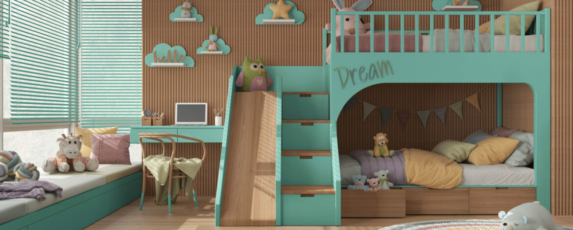 Cozy wooden children bedroom with bunk bed in turquoise and pastel tones, parquet floor, window with venetian blinds, sofa, desk with chair, carpet, toys and decors. Interior design