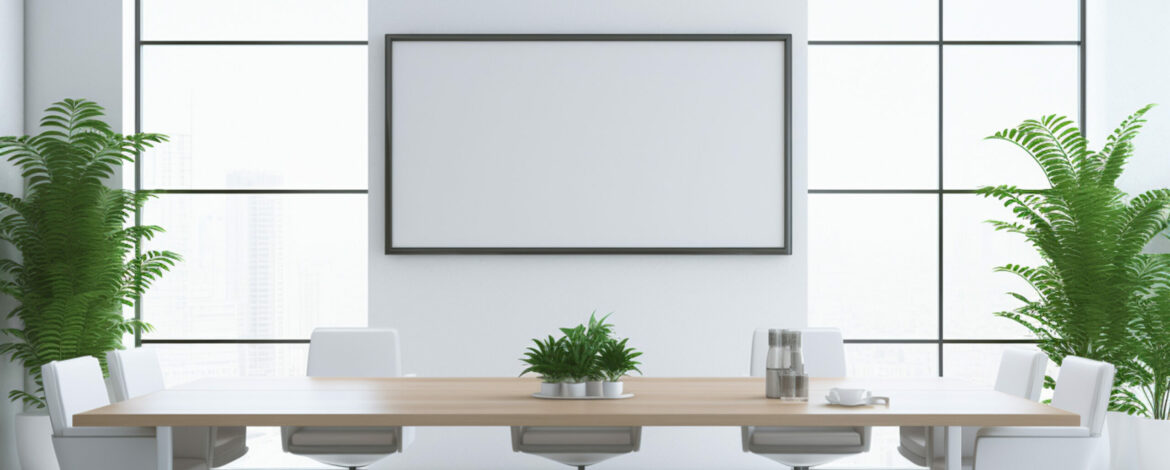 Perspective view of empty meeting conference room with big table set and facilities for large person groups on high rise office building with cityscape view outside windows. Generative AI.