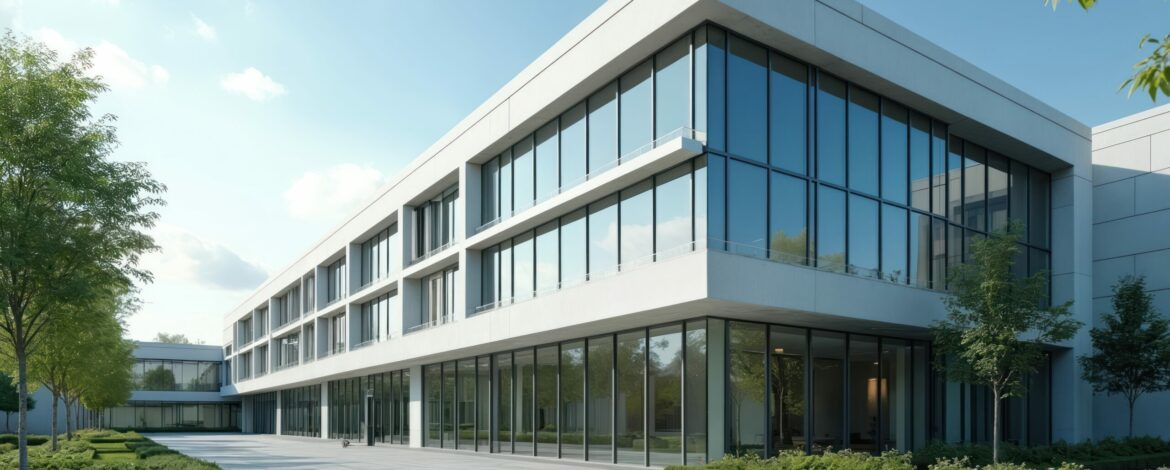 Modern hospital building exterior with glass windows. Minimalist architecture, modern design. Blue sky, green trees, public health institution. Healthcare facility, well-being safety. Modern medical