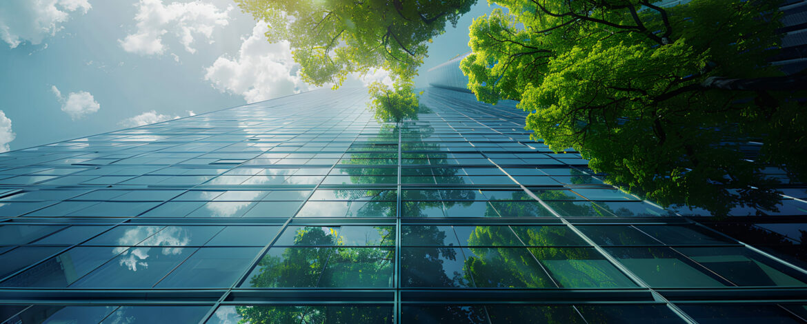 office building with tree for reducing carbon dioxide, Eco green environment
